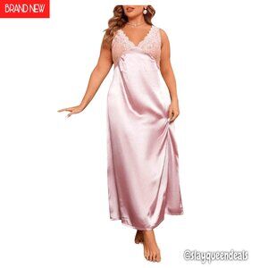 Plus Size Satin Nightgown V Neck Lace Backless Long Lingerie